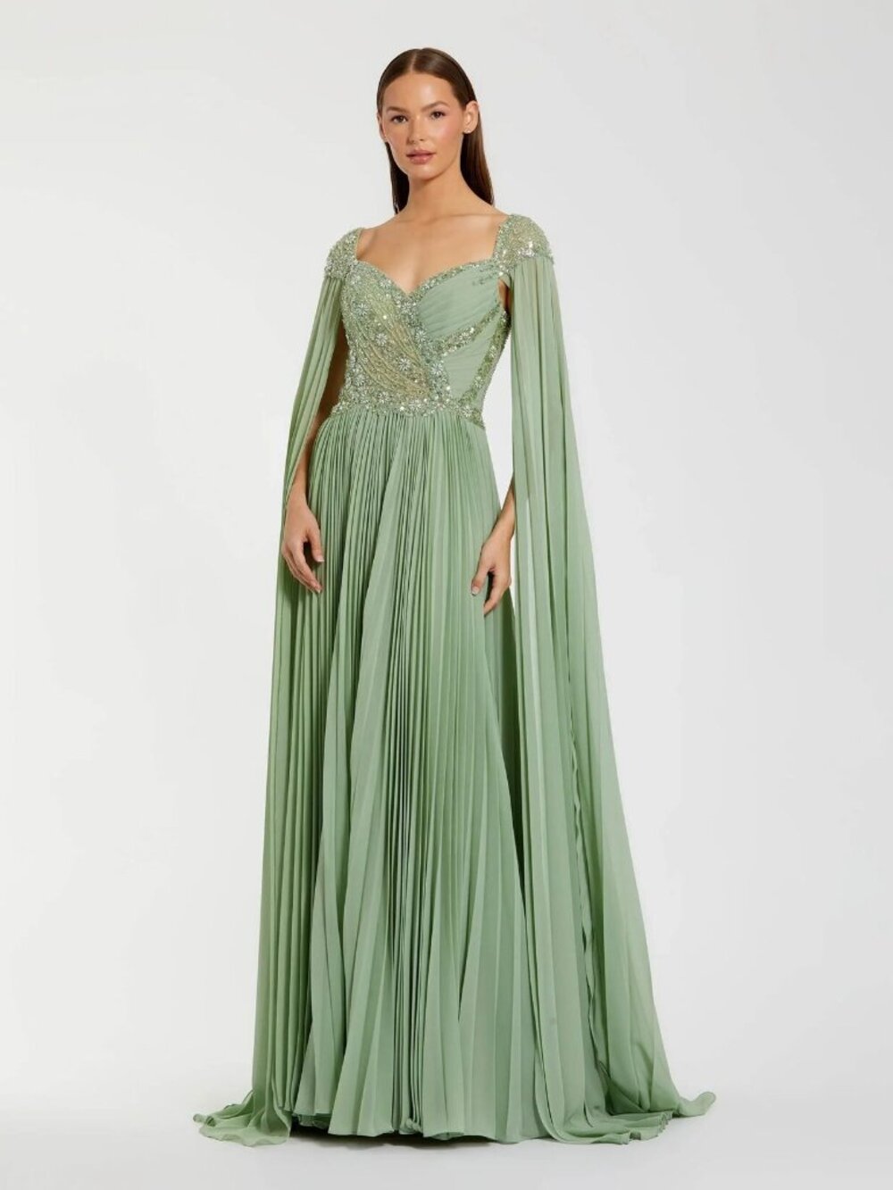 Mac Duggal gown - sage green - silver sequin - cape